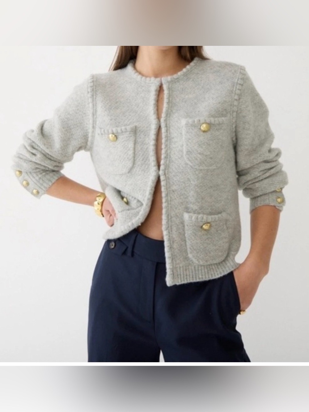 J.Crew Odette Sweater Lady Jacket in Heather Gray Knit Cardigan - Gold Buttons